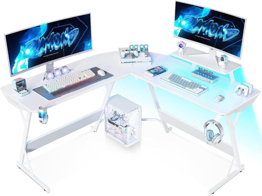 MOTPK White Gaming Desk with LED Lights Best L Shaped Gaming Desk